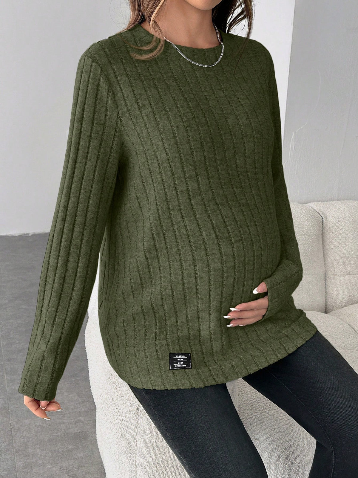 Maternity Army Green Letter-Patched Ribbed-Knit Long-Sleeve Shirt