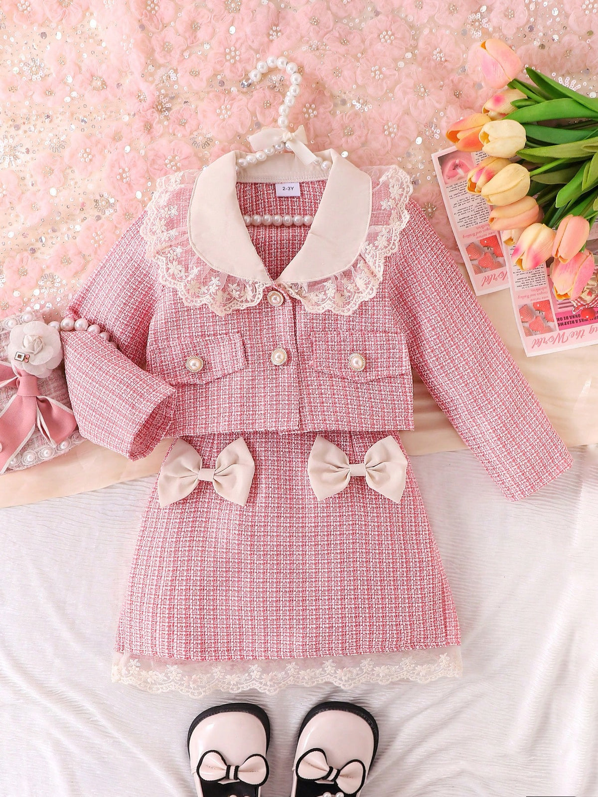 Young Girl Peter Pan Collar Lace Ruffle Jacket Bow Skirt Set