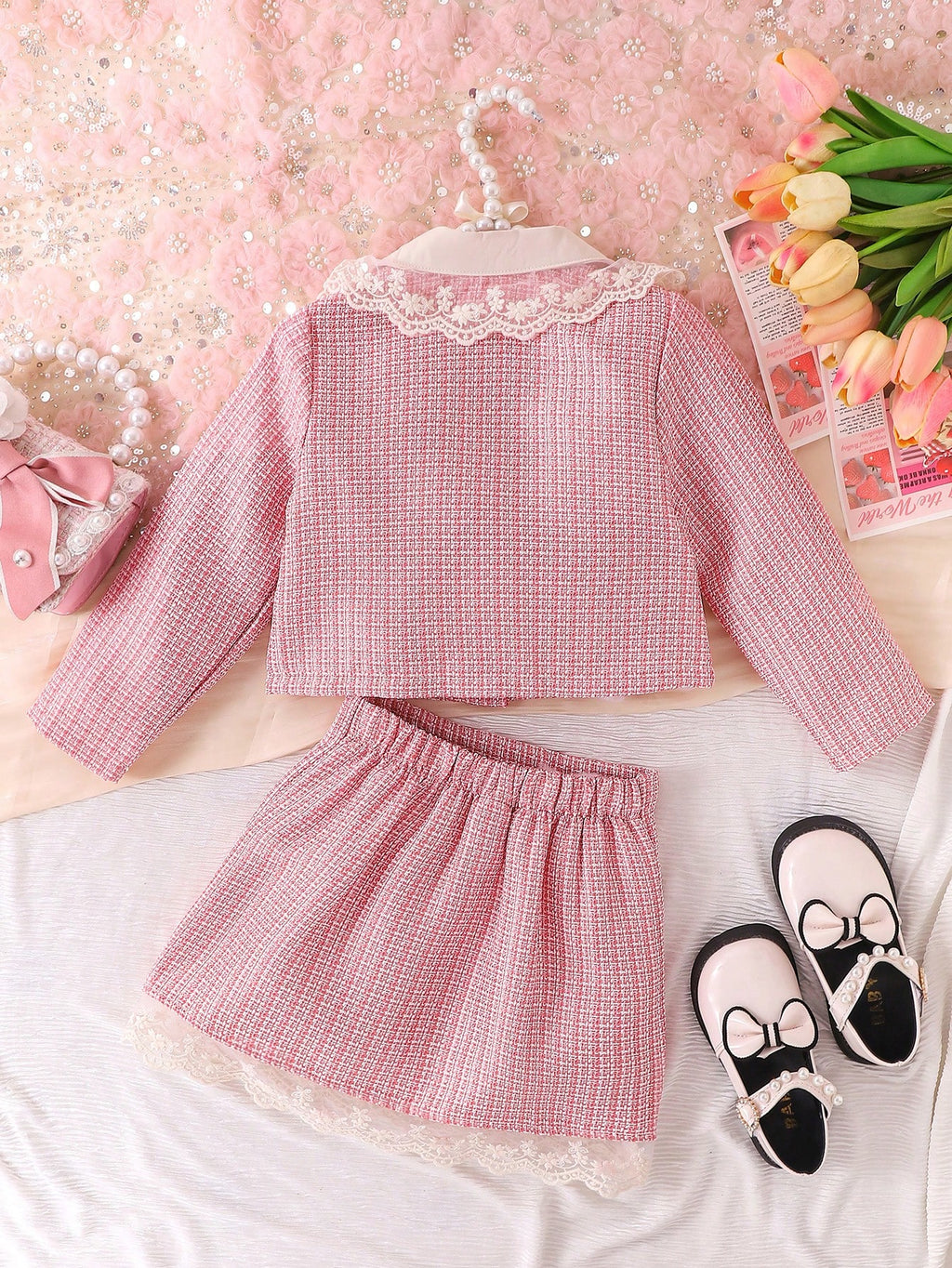 Young Girl Peter Pan Collar Lace Ruffle Jacket Bow Skirt Set