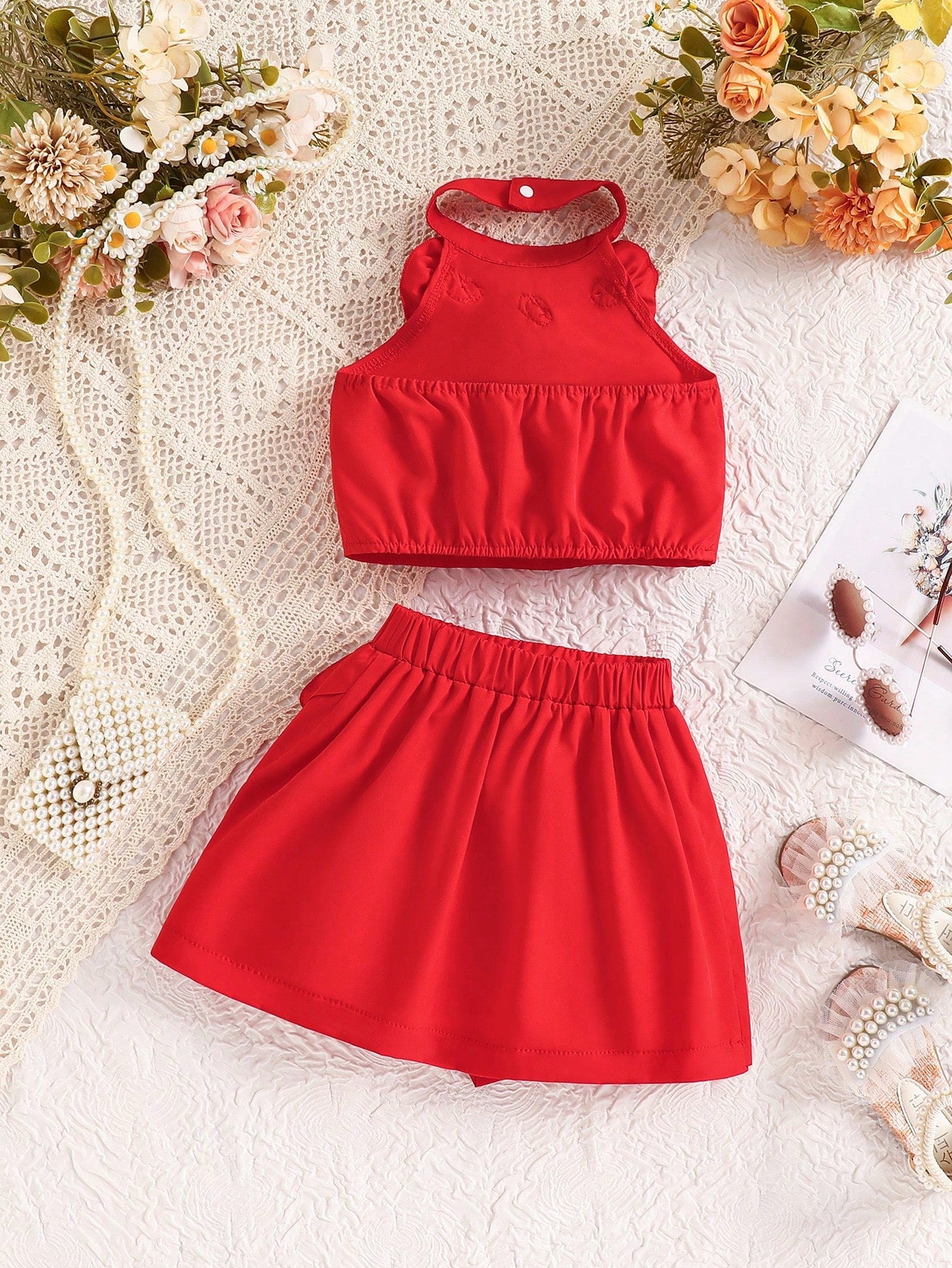 Ensemble 2 pièces bébé fille t-shirt sans manches fleuri boutonné et jupe rouge