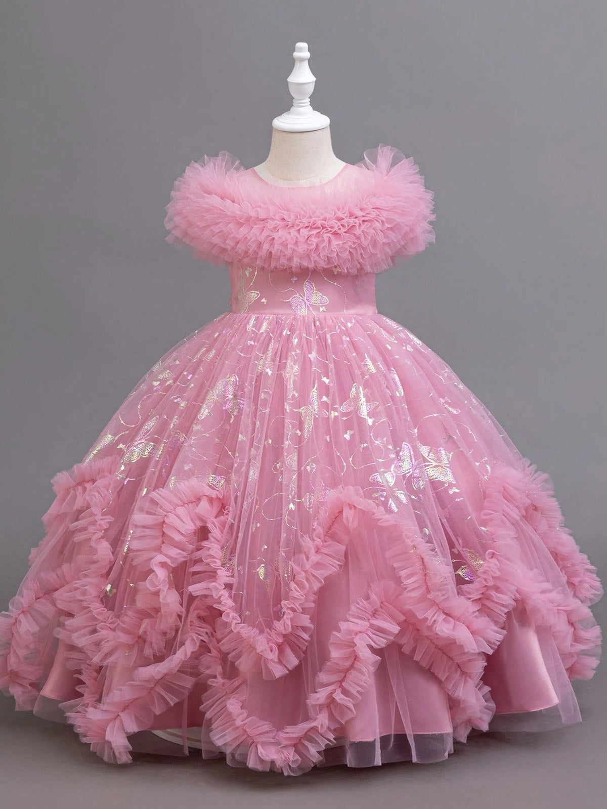 Glitter Puff Mesh Floral Print Party Dress For Young Girls Princess