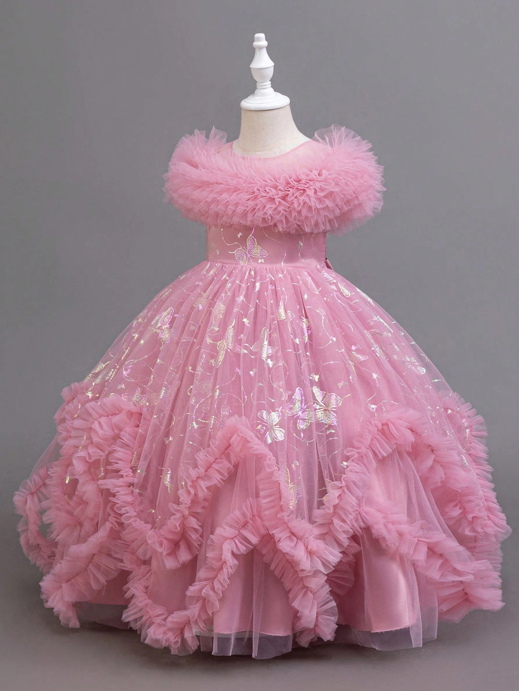 Glitter Puff Mesh Floral Print Party Dress For Young Girls Princess