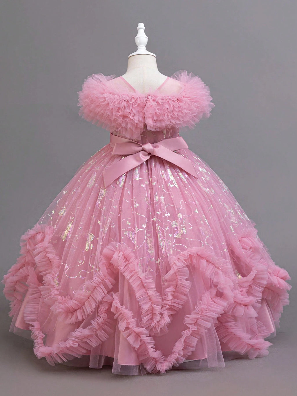 Glitter Puff Mesh Floral Print Party Dress For Young Girls Princess