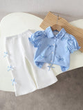 SHEIN Ensemble Filles Chemise à Nœud et Pantalon Blanc Motifs Bleus