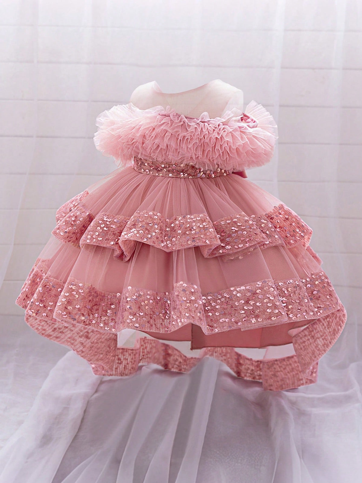 Baby Girl Sequin Mesh Trailing Flower Girl Dress