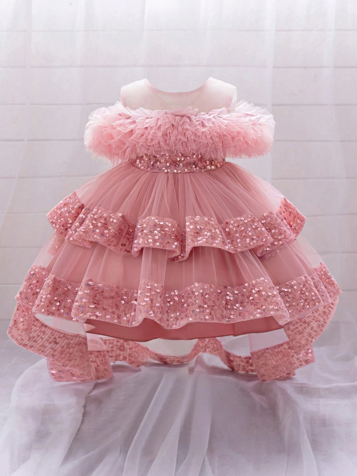 Baby Girl Sequin Mesh Trailing Flower Girl Dress