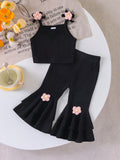 Ensemble 2 pièces pour bébé fille : débardeur à fines bretelles fleuri + pantalon évasé à volants fleuri, été noir