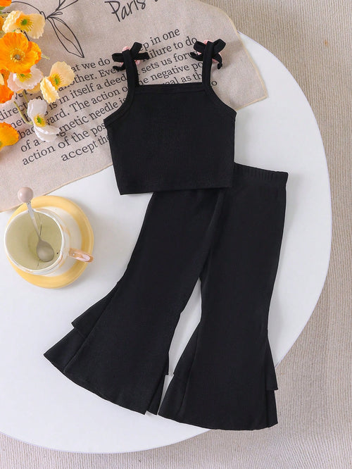 Ensemble 2 pièces pour bébé fille : débardeur à fines bretelles fleuri + pantalon évasé à volants fleuri, été noir