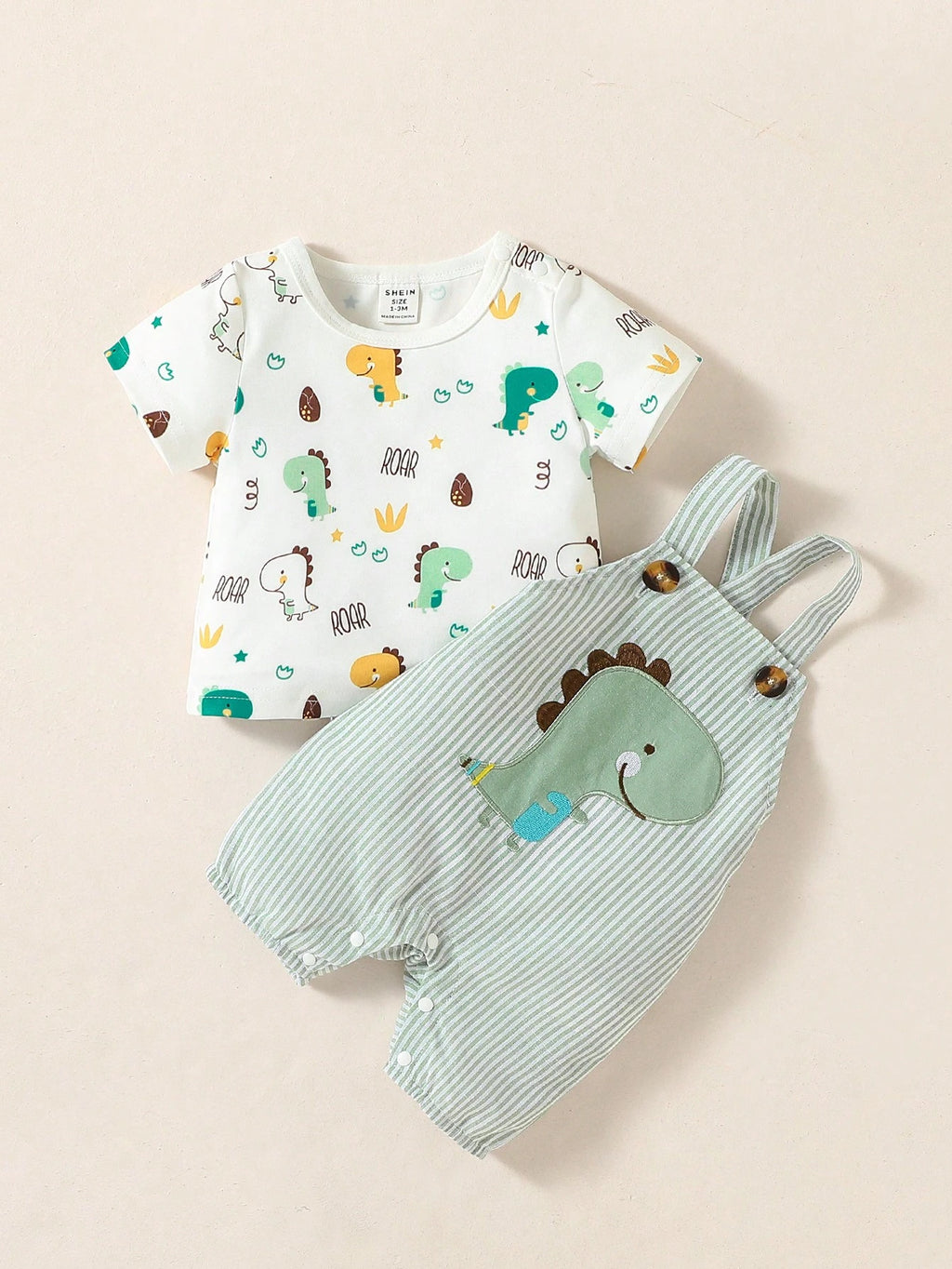 SHEIN Bébé garçon T-shirt à imprimé dinosaure de dessin animé et combishort rayé