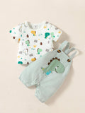 SHEIN Bébé garçon T-shirt à imprimé dinosaure de dessin animé et combishort rayé