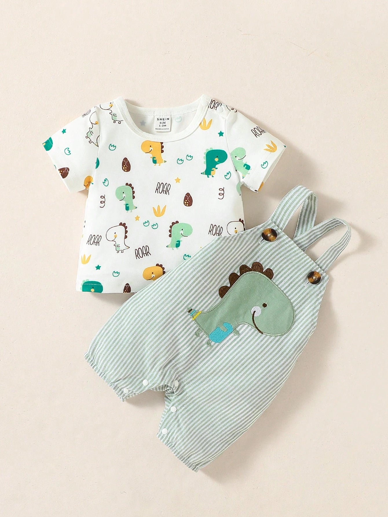 SHEIN Bébé garçon T-shirt à imprimé dinosaure de dessin animé et combishort rayé