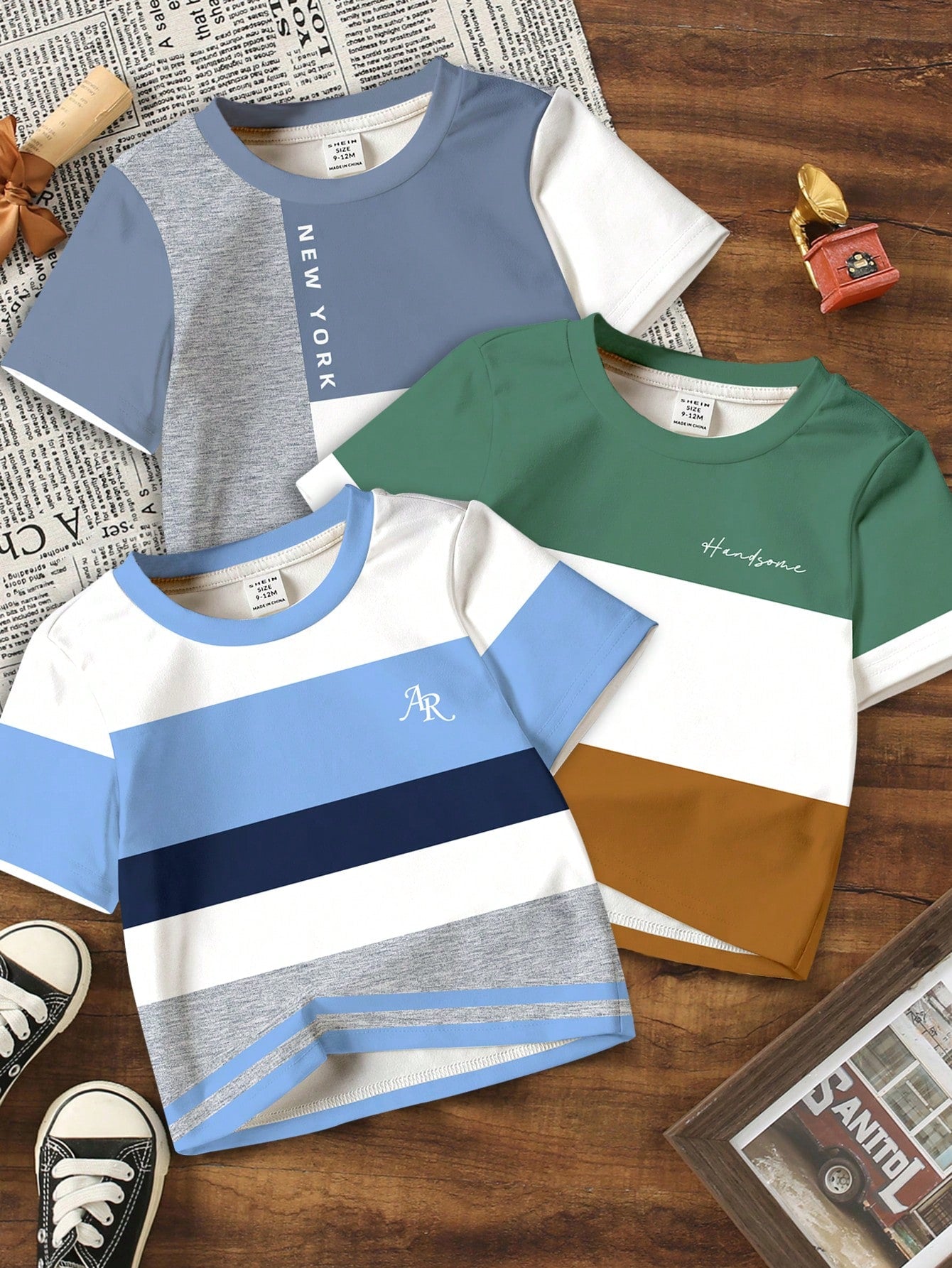 Multicolor Color Block Graphic Round Neck T-Shirts 3 Pieces Set