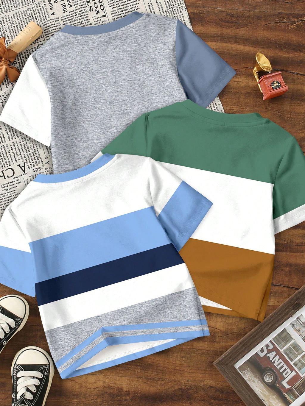 Multicolor Color Block Graphic Round Neck T-Shirts 3 Pieces Set