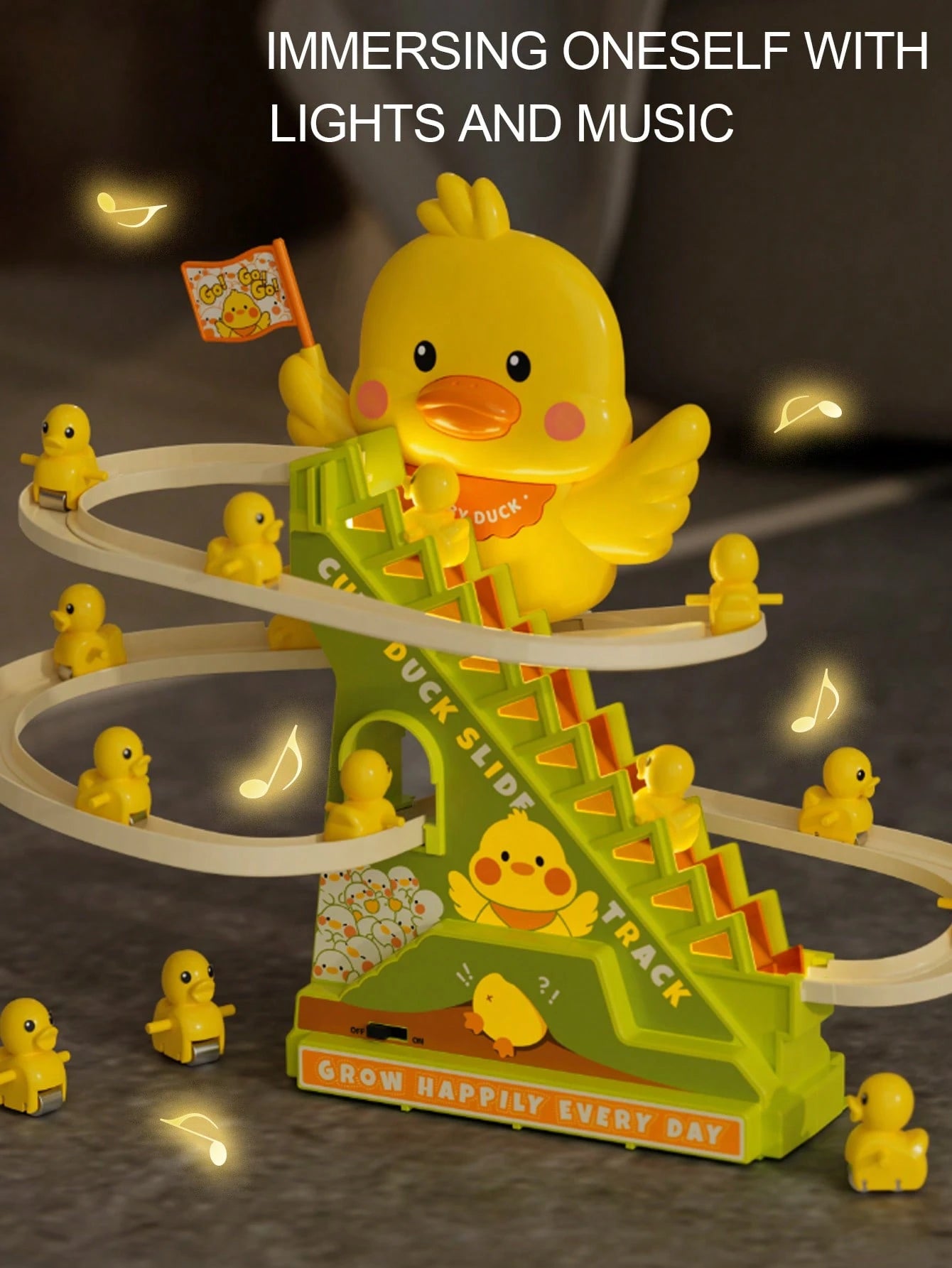 Children's Duck Slide Track Toy with Automatic Stair Climbing, Lights & Music Multicolor