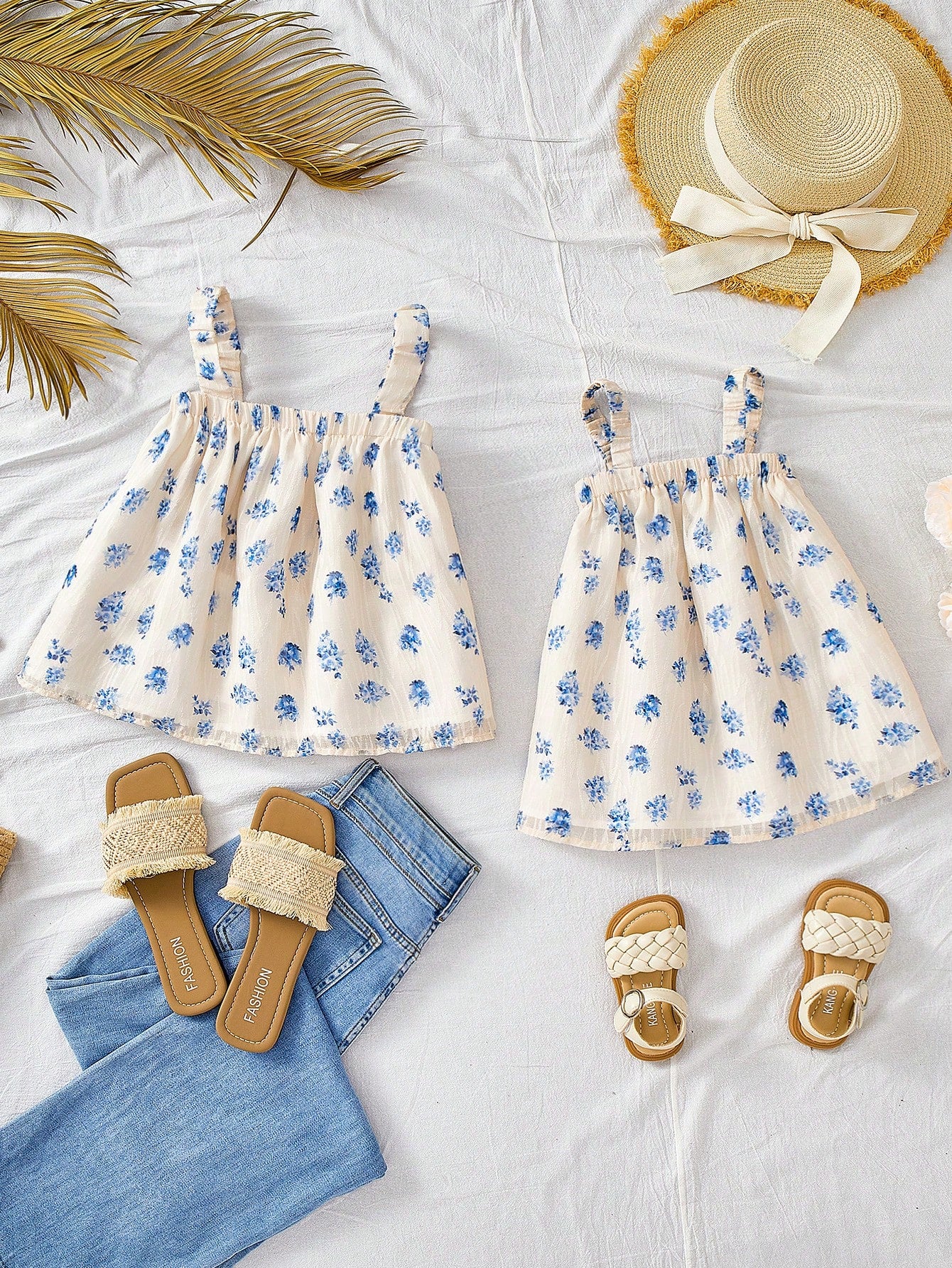 SHEIN Robe d'été ample à bretelles imprimé floral multicolore Mère et fille pour bébé fille