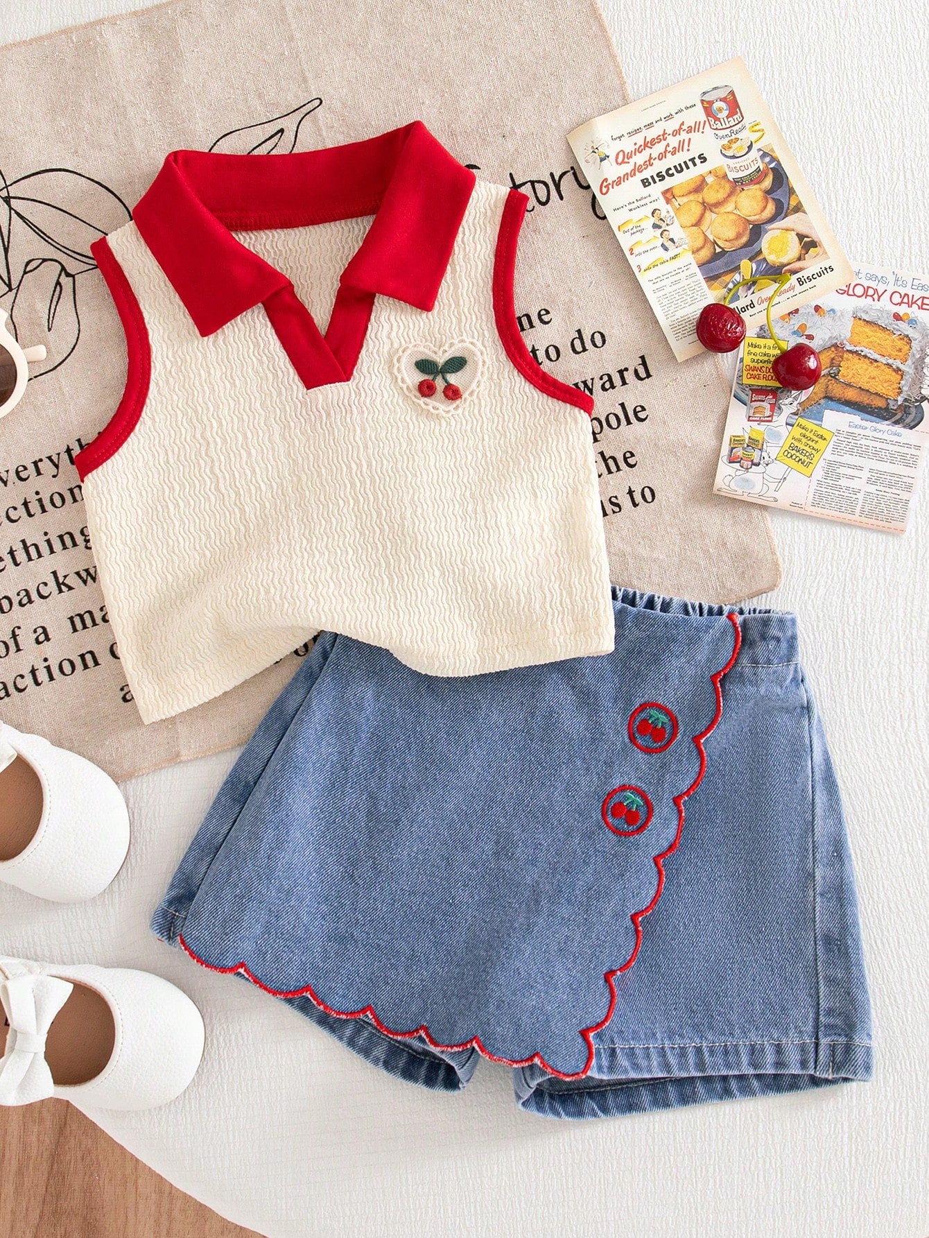 SHEIN Vintaside Ensemble tricoté et jupe en jean cerise pour bébé fille