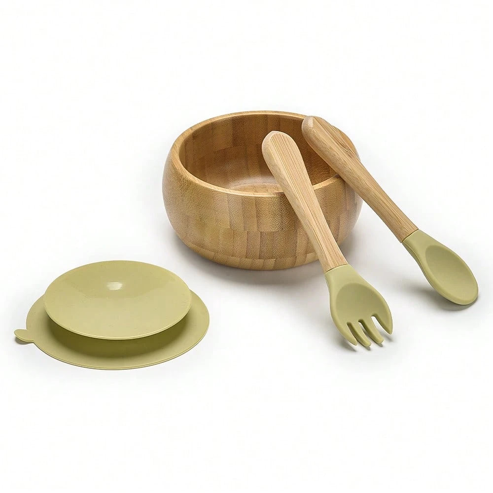 4pcs/Set Baby Dinnerware, Including 1 Plate, 1 Bowl, 1 Spoon, 1 Fork, Cartoon Design With Anti-Slip Sucker, Infant Feeding Set, One Set Of Baby Weaning Supplies Green