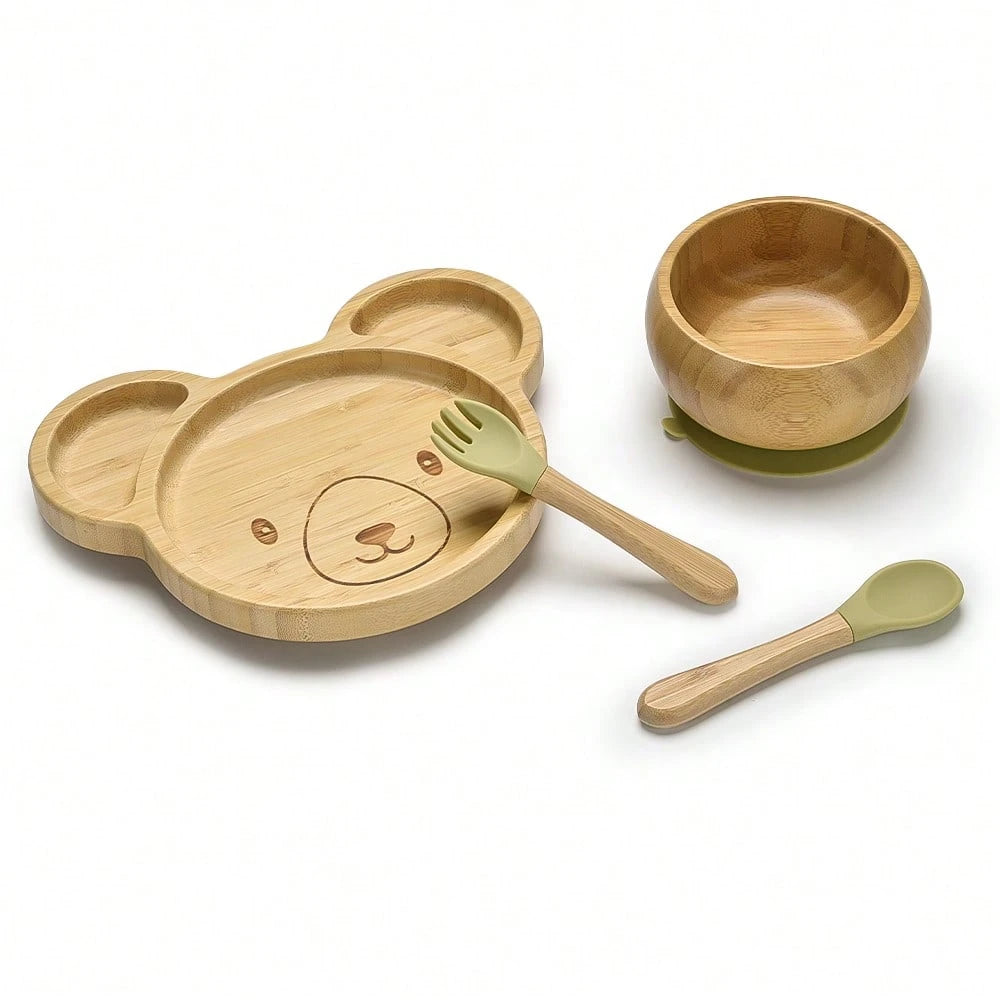4pcs/Set Baby Dinnerware, Including 1 Plate, 1 Bowl, 1 Spoon, 1 Fork, Cartoon Design With Anti-Slip Sucker, Infant Feeding Set, One Set Of Baby Weaning Supplies Green