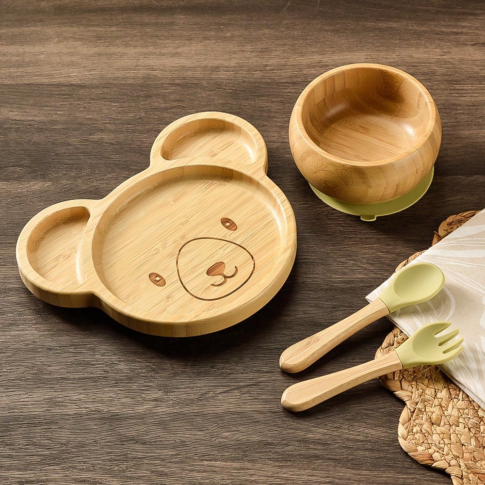 4pcs/Set Baby Dinnerware, Including 1 Plate, 1 Bowl, 1 Spoon, 1 Fork, Cartoon Design With Anti-Slip Sucker, Infant Feeding Set, One Set Of Baby Weaning Supplies Green