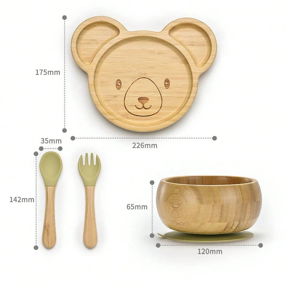 4pcs/Set Baby Dinnerware, Including 1 Plate, 1 Bowl, 1 Spoon, 1 Fork, Cartoon Design With Anti-Slip Sucker, Infant Feeding Set, One Set Of Baby Weaning Supplies Green