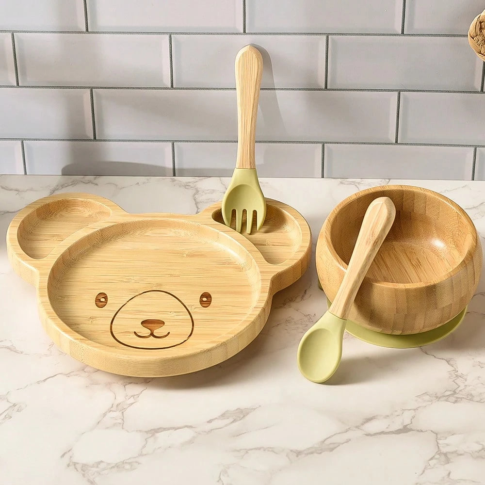 4pcs/Set Baby Dinnerware, Including 1 Plate, 1 Bowl, 1 Spoon, 1 Fork, Cartoon Design With Anti-Slip Sucker, Infant Feeding Set, One Set Of Baby Weaning Supplies Green