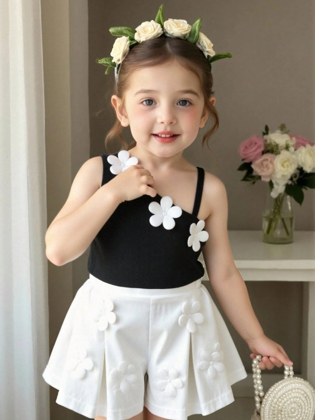 Baby Girl 3D Floral Denim Vest & Shorts Set Black