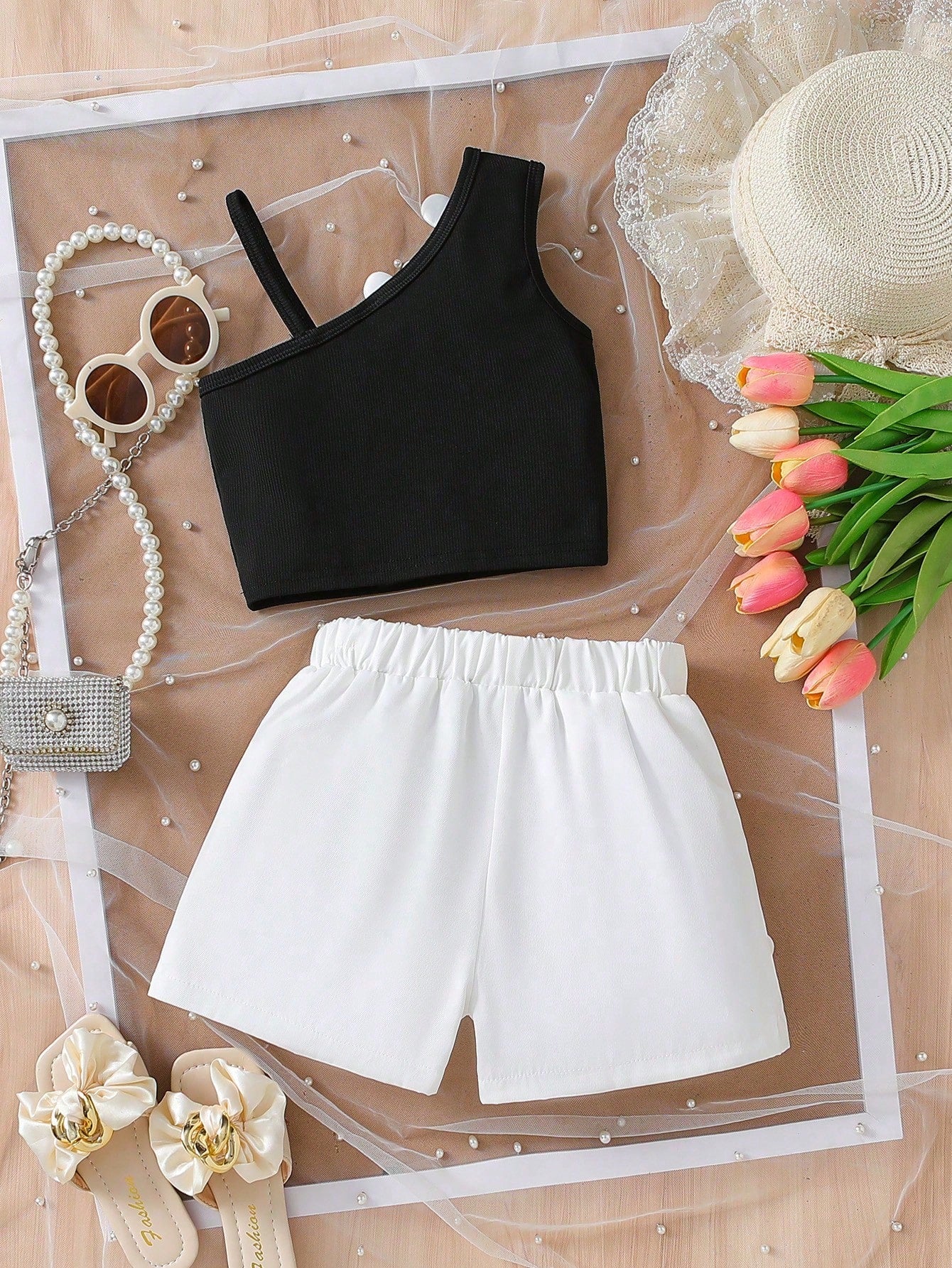 Baby Girl 3D Floral Denim Vest & Shorts Set Black