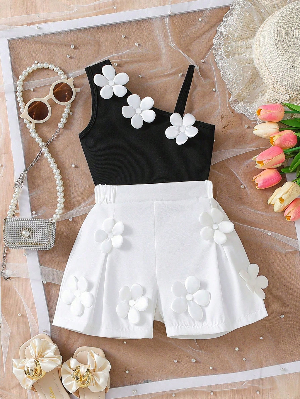 Baby Girl 3D Floral Denim Vest & Shorts Set Black