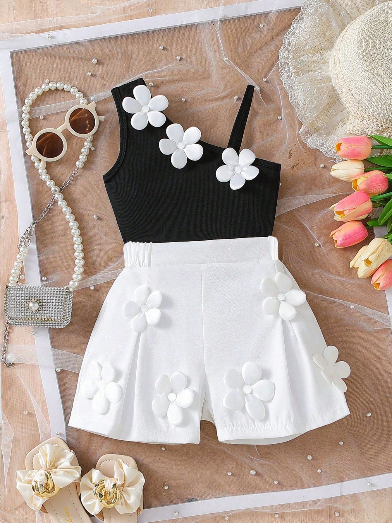 Baby Girl 3D Floral Denim Vest & Shorts Set Black
