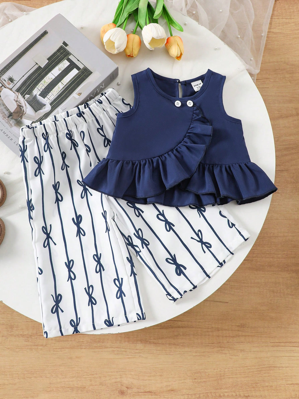 Ensemble pour bébé fille Souflis bleu marine avec nœud et imprimé fleuri de style coréen
