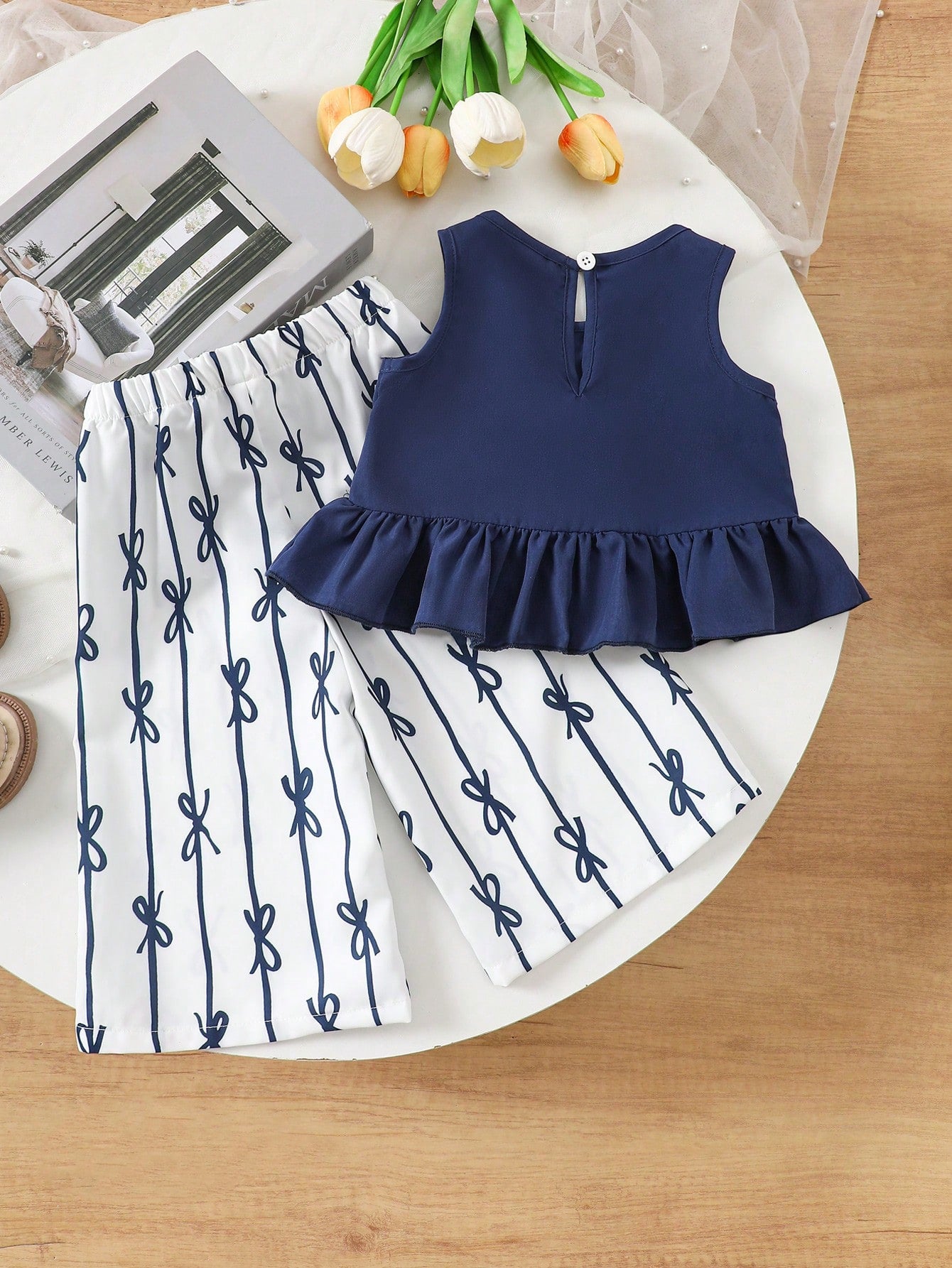 Ensemble pour bébé fille Souflis bleu marine avec nœud et imprimé fleuri de style coréen