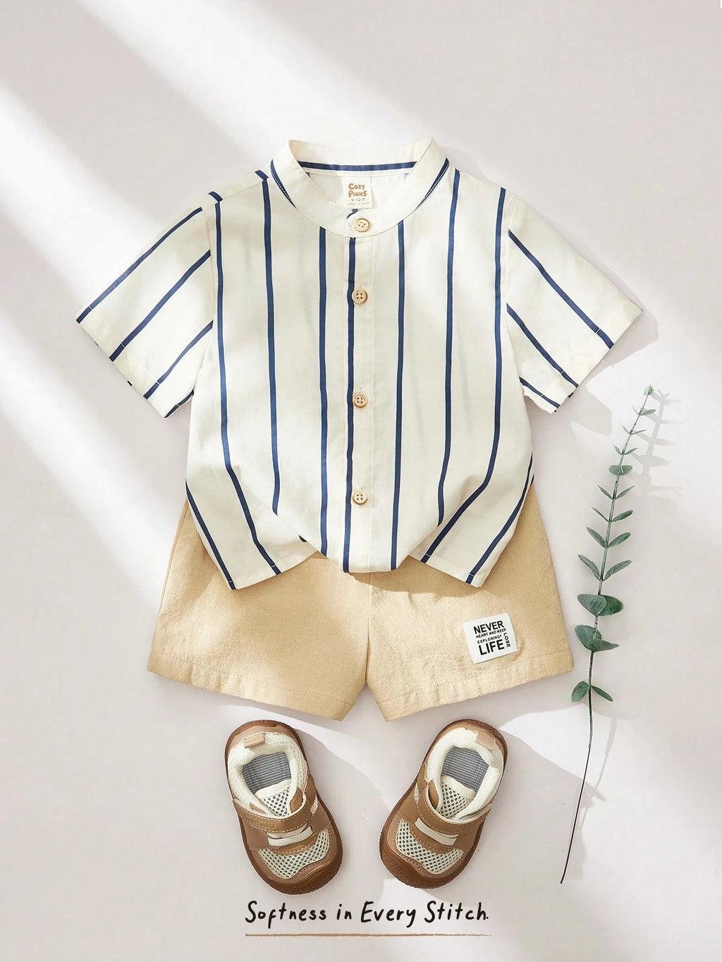 Bambinoo x Cozy Pixies 2pcs Baby Boy Colorful Stripe Collar Short Sleeve Cardigan And Elastic Waist Shorts Set Summer Outfit Striped Shirt Clothes Linen Multicolor