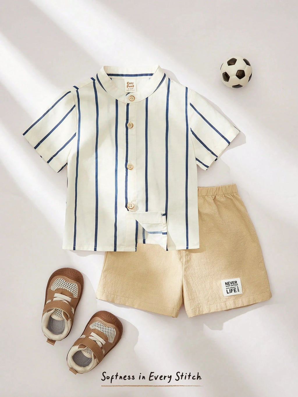 Bambinoo x Cozy Pixies 2pcs Baby Boy Colorful Stripe Collar Short Sleeve Cardigan And Elastic Waist Shorts Set Summer Outfit Striped Shirt Clothes Linen Multicolor