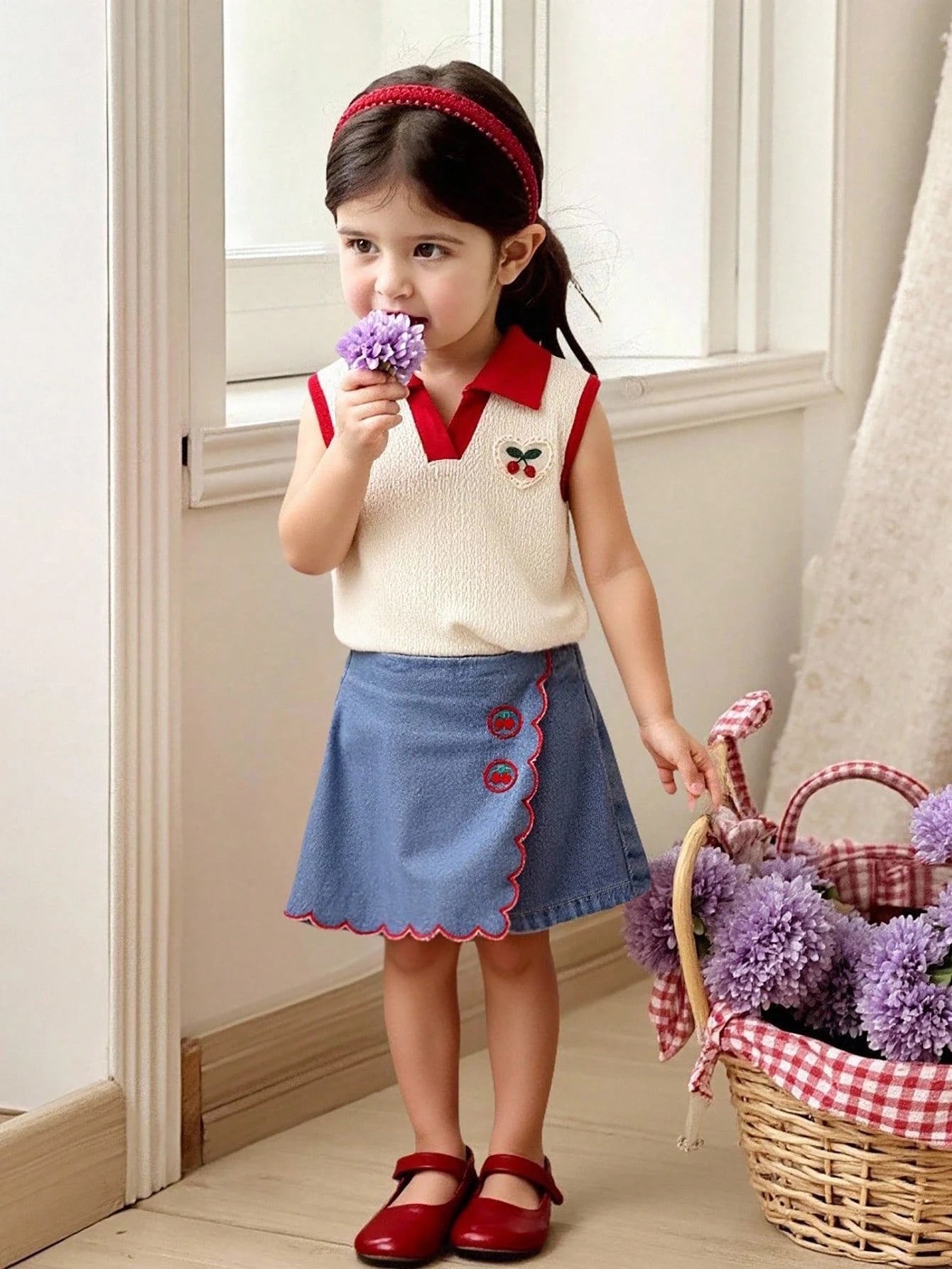 SHEIN Vintaside Ensemble tricoté et jupe en jean cerise pour bébé fille