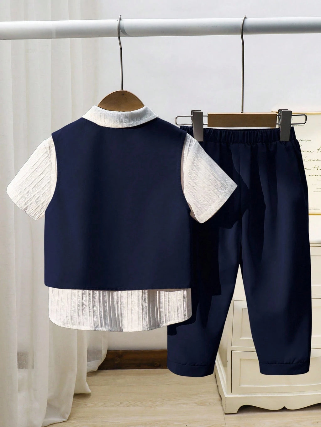 Baby Boy 2-Piece Navy Blue & Grey Gentleman Suit Set with Vest and Elastic Pants
