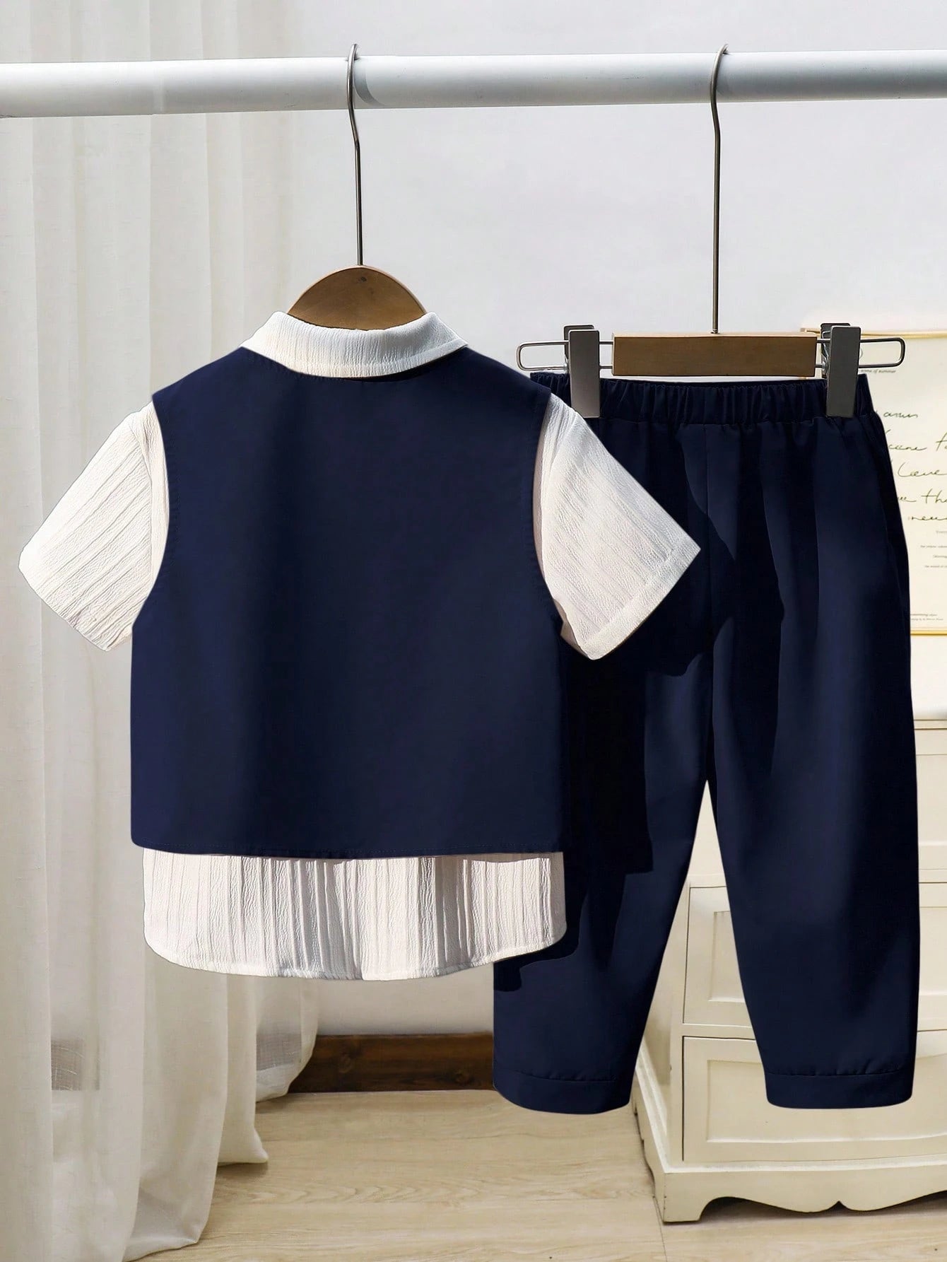 Baby Boy 2-Piece Navy Blue & Grey Gentleman Suit Set with Vest and Elastic Pants