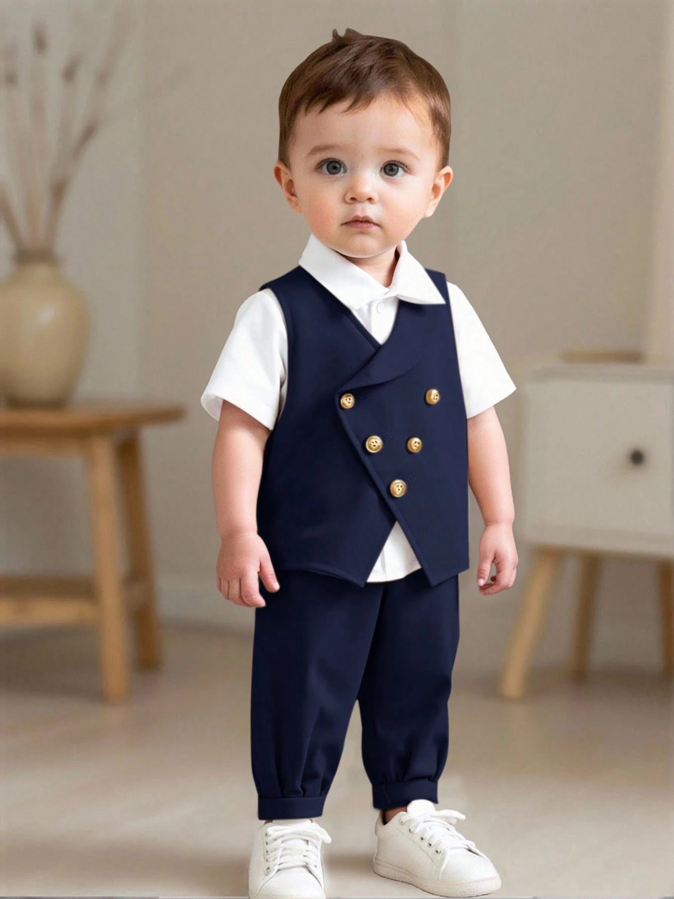 Baby Boy 2-Piece Navy Blue & Grey Gentleman Suit Set with Vest and Elastic Pants