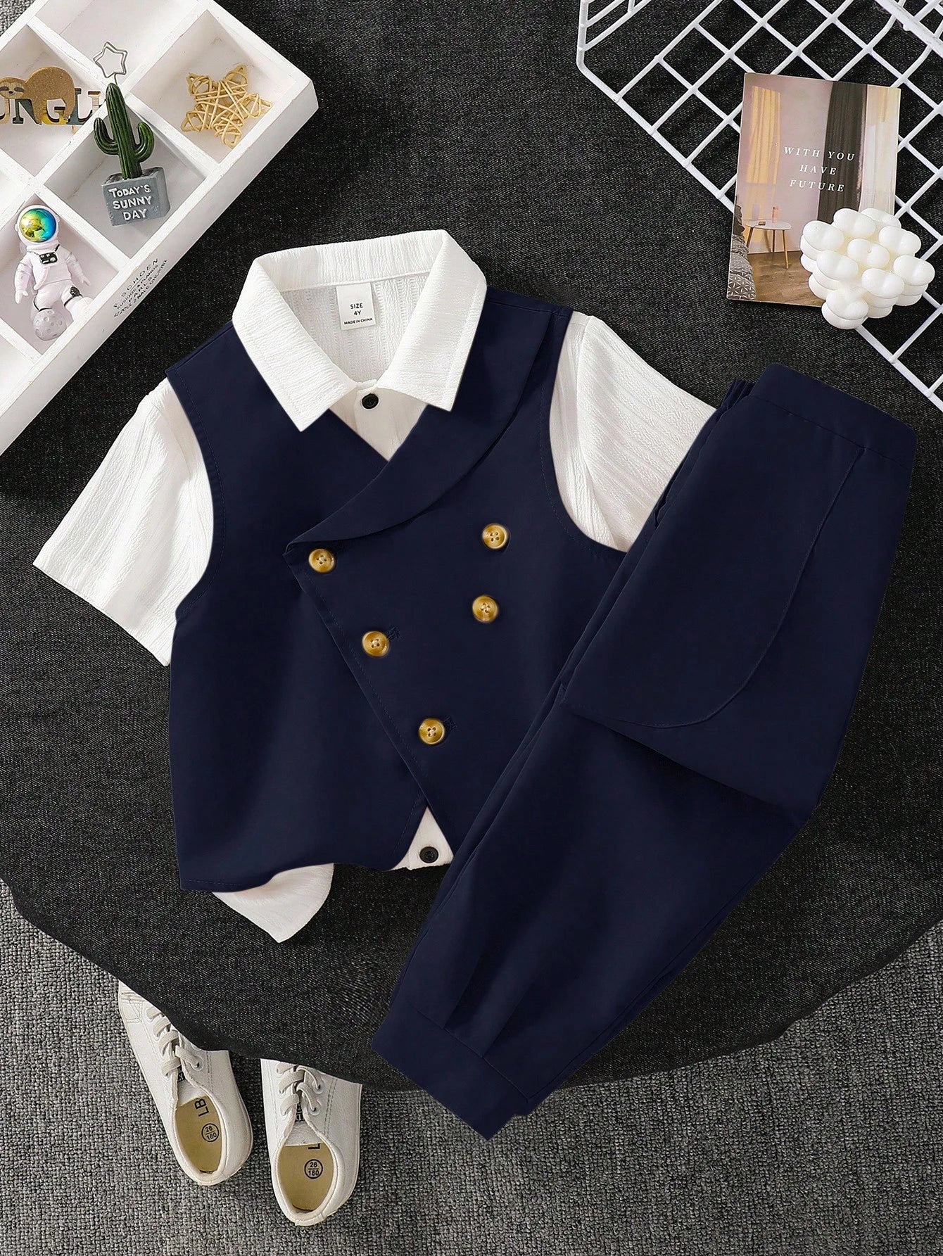 Baby Boy 2-Piece Navy Blue & Grey Gentleman Suit Set with Vest and Elastic Pants