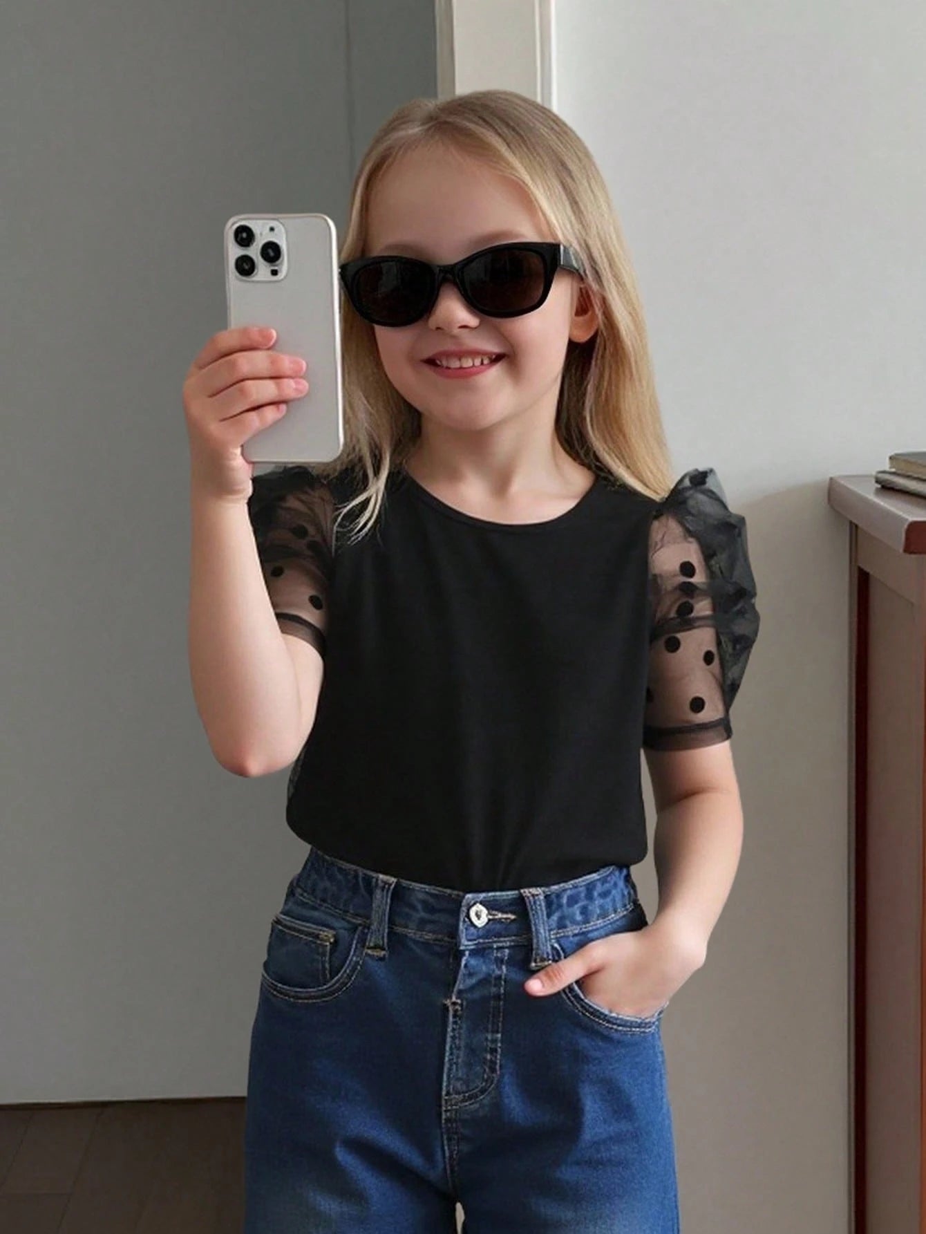 Girls' Contrast Mesh Puff Sleeve Blouse
