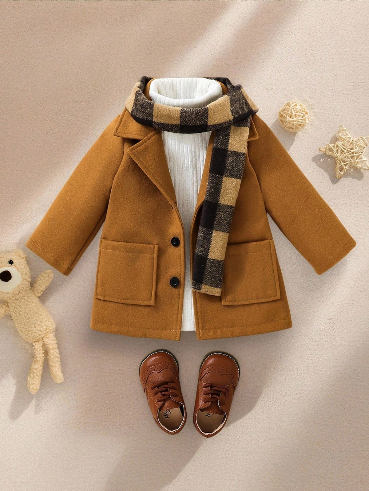 Baby Boy British Preppy Plaid Scarf Coat 2 Piece Set