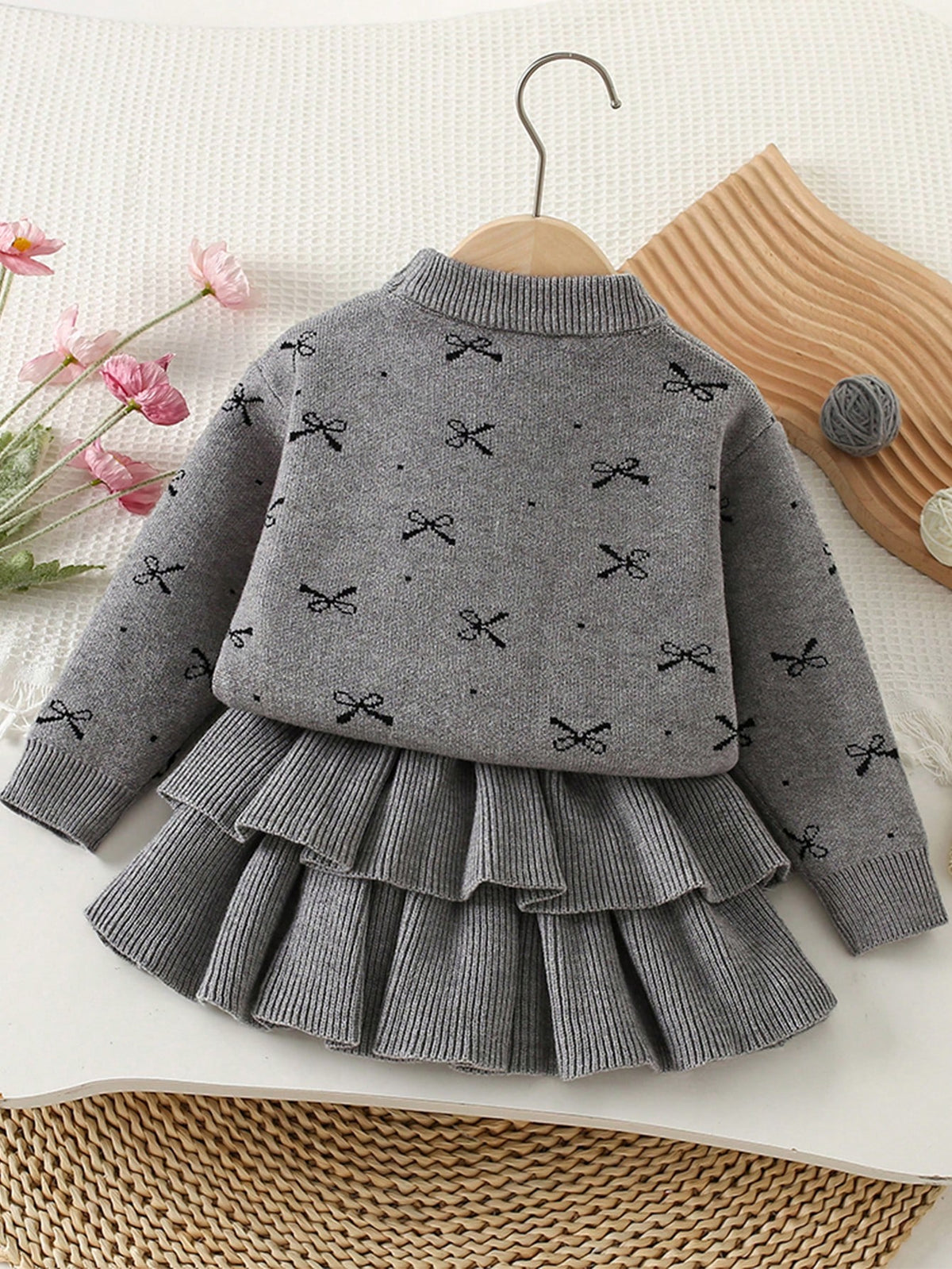 Girl Bow Decor Thickened Sweater Cake Skirt 2 Piece Set
