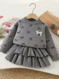 Girl Bow Decor Thickened Sweater Cake Skirt 2 Piece Set