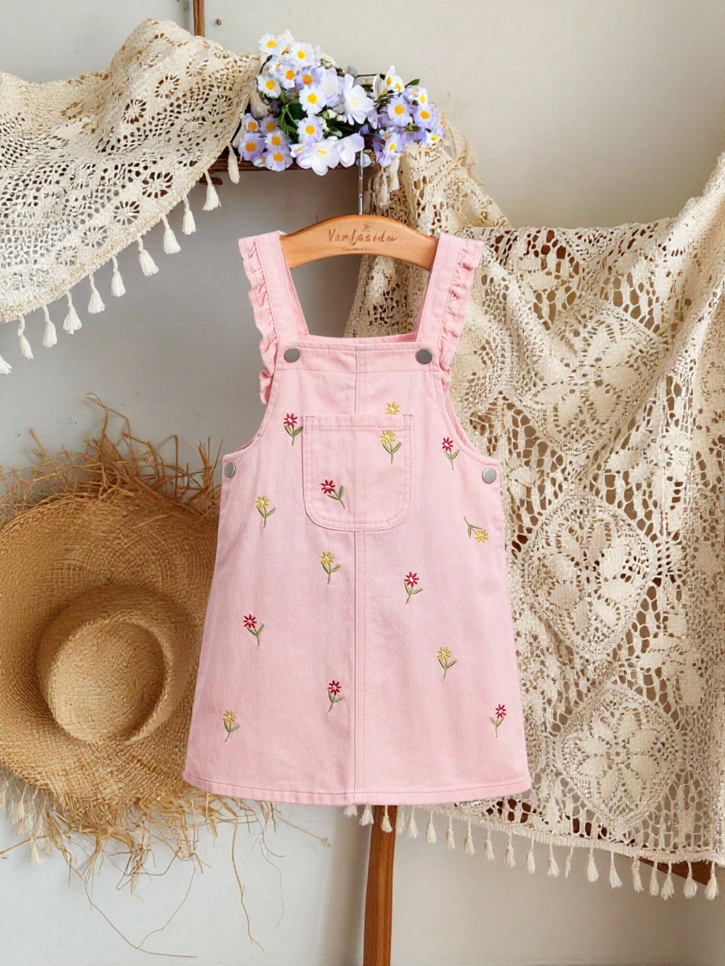 Girls' Denim Pinafore Dress with Floral Embroidery