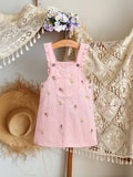 Girls' Denim Pinafore Dress with Floral Embroidery