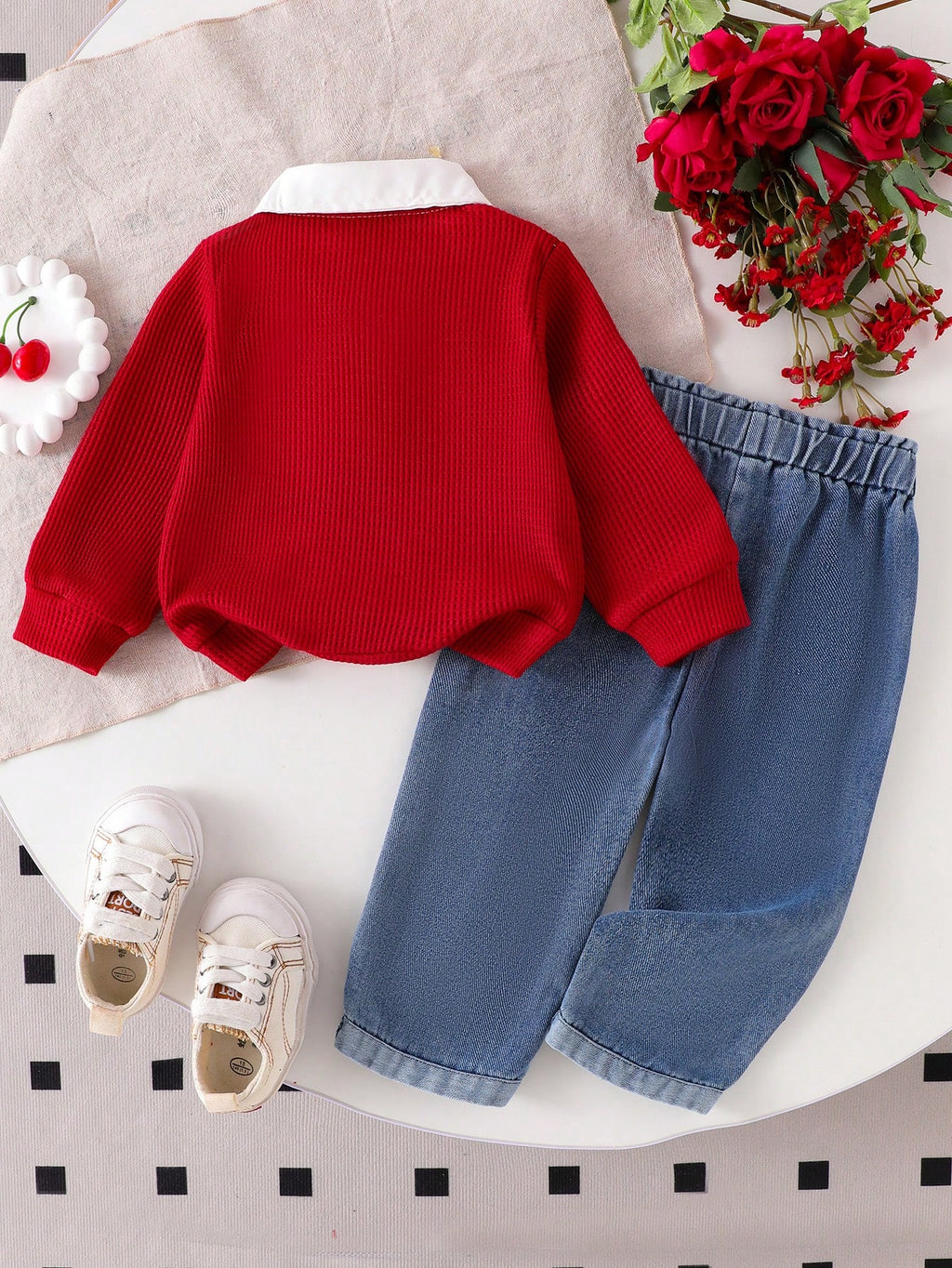 Ensemble 2 pièces T-shirt brodé cerise et jean taille haute pour bébés filles