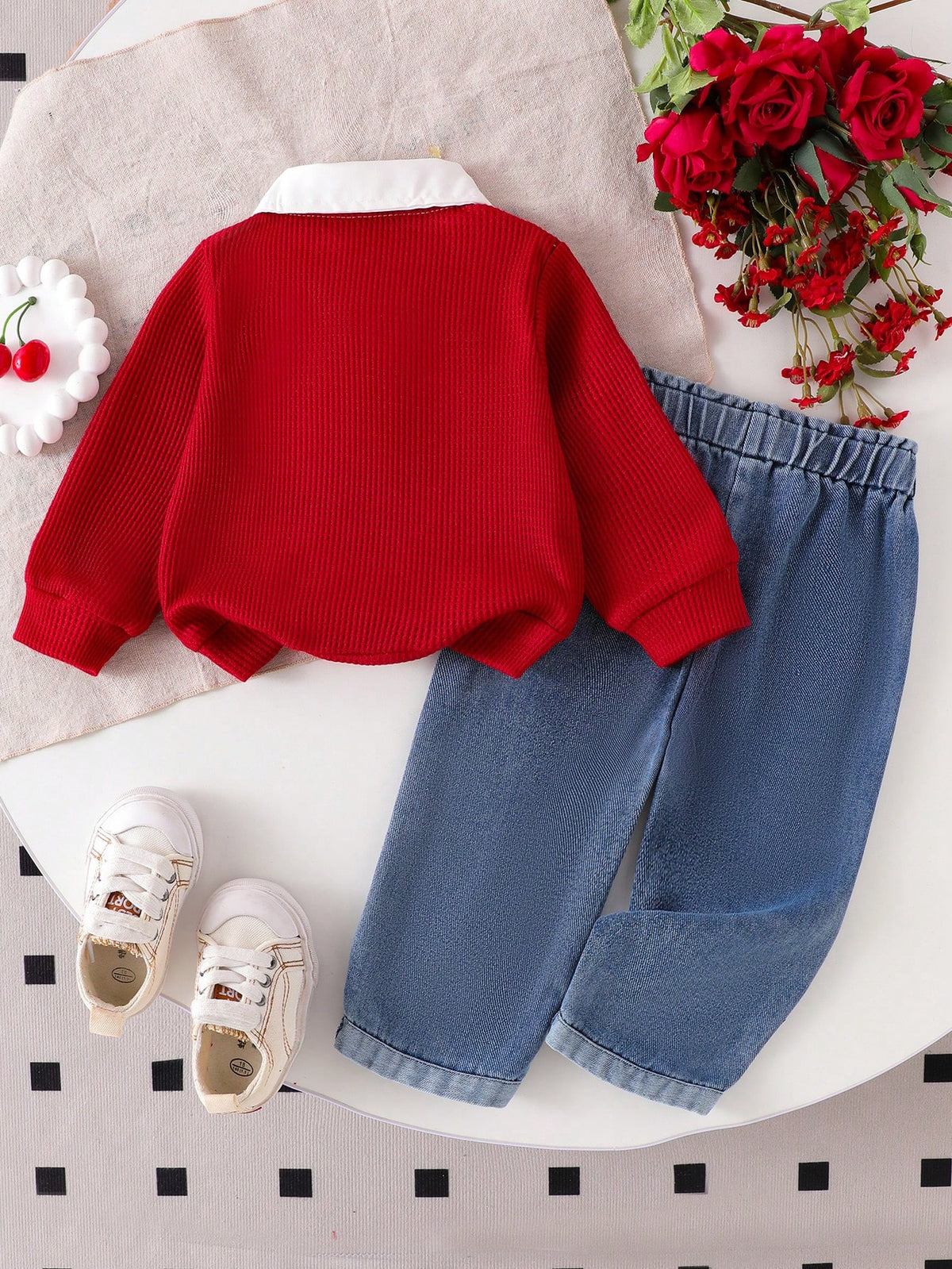 Baby Girls' Cherry Embroidered Top & High-Waist Jeans 2-Piece Set