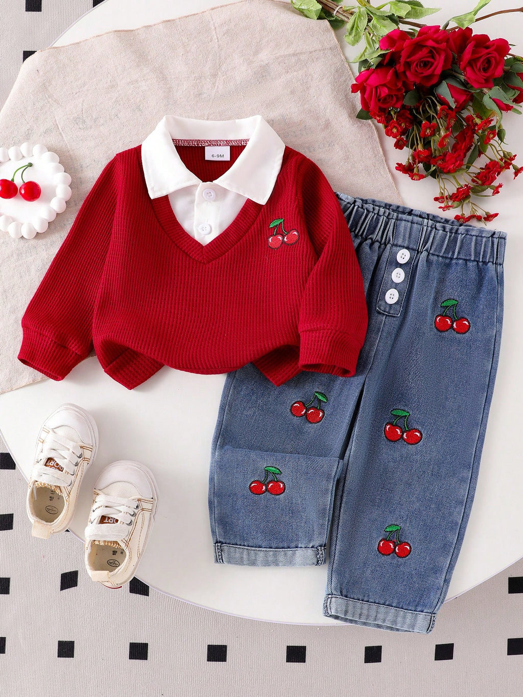Ensemble 2 pièces T-shirt brodé cerise et jean taille haute pour bébés filles