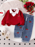 Ensemble 2 pièces T-shirt brodé cerise et jean taille haute pour bébés filles