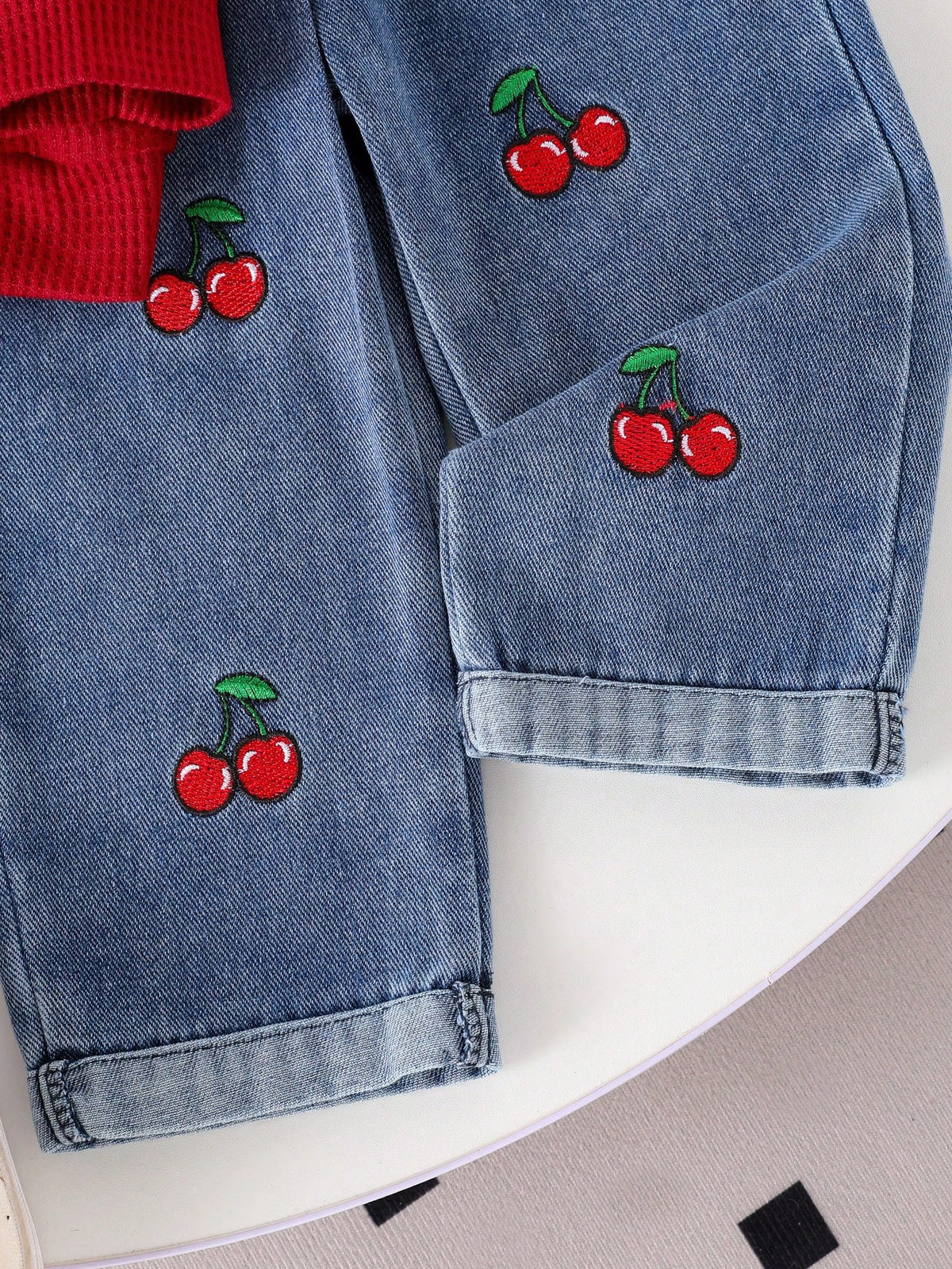 Baby Girls' Cherry Embroidered Top & High-Waist Jeans 2-Piece Set