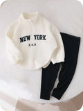 Young Girl Letter Print Stand Collar Fluffy Top Pants 2 Piece Set